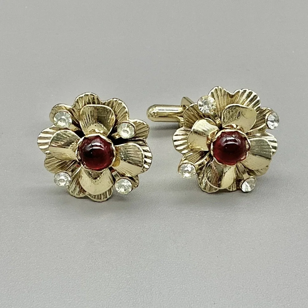 Vintage Floral Cufflinks Gold Tone Red Cabochon Rhinestone Flower Men's Jewelry